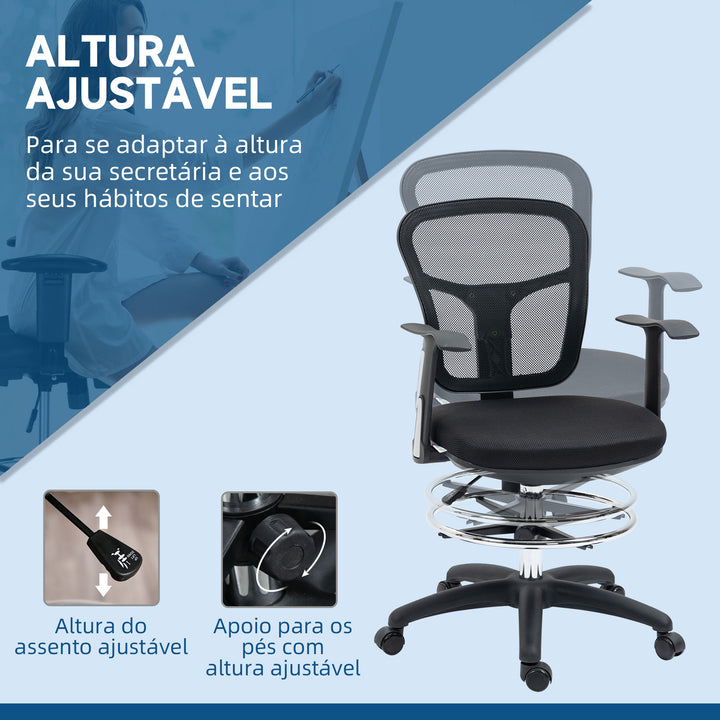 Cadeira de Escritório Ergonómica de Malha Cadeira de Escritório Giratória com Apoio para os Braços Apoio para os Pés e Assento Ajustáveis para Dormitório Sala de Estar 59x59x95-115cm Preto