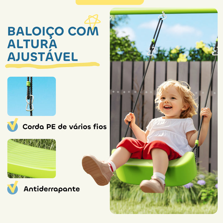 Baloiço para Crianças de +3 Anos 3 em 1 Baloiço para Jardim Exterior com Baloiço Anéis de Ginástica e Tenda Estrutura Metálica Verde