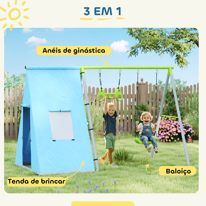 Baloiço para Crianças de +3 Anos 3 em 1 Baloiço para Jardim Exterior com Baloiço Anéis de Ginástica e Tenda Estrutura Metálica Verde