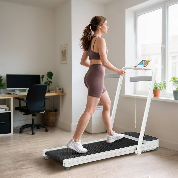 Passadeira Dobrável 7% Inclinação, Caminhadora Elétrica 0-12 KM/H, 2 em 1 para usar sob a Secretária, com Motor de 2.5HP, Ecrã LED, Controlo Remoto e Suporte Integrado, para Casa e Escritório