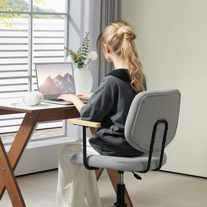 Cadeira de Escritório Cadeira de Escritório com Apoio para os Braços de Madeira e Altura Ajustável Cadeira Giratória para Estúdio Dormitório Carga 120 kg 59x55x84-94 cm Cinza