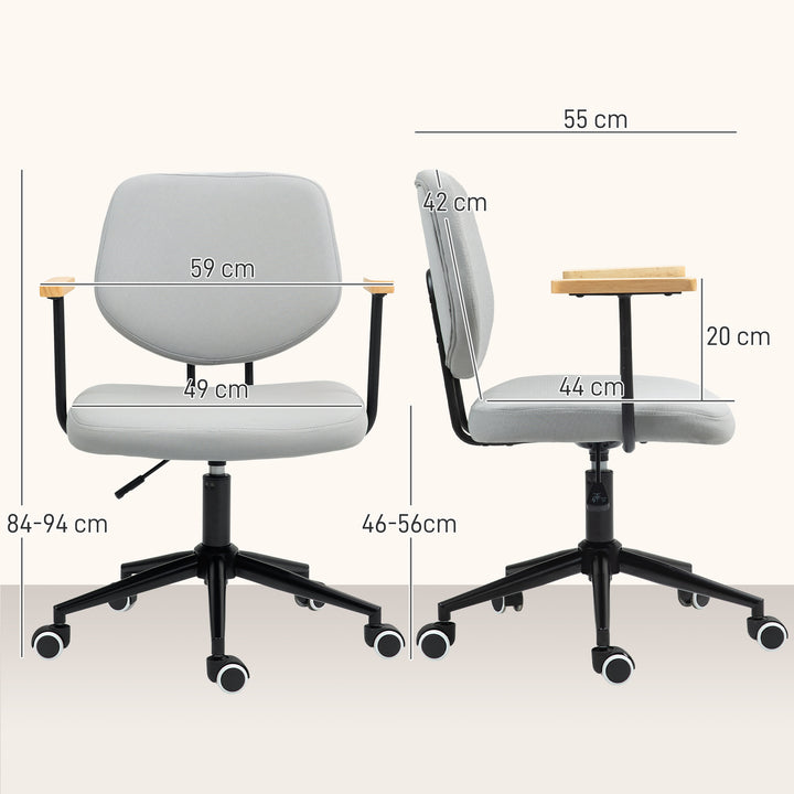 Cadeira de Escritório Cadeira de Escritório com Apoio para os Braços de Madeira e Altura Ajustável Cadeira Giratória para Estúdio Dormitório Carga 120 kg 59x55x84-94 cm Cinza