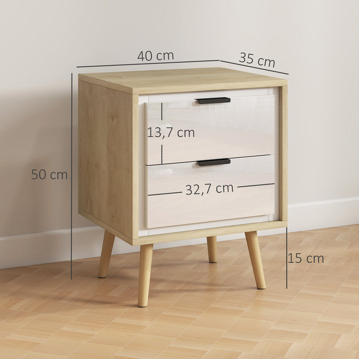 Conjunto de 2 Mesas de Cabeceira Modernas com 2 Gavetas de Deslizamento Silencioso Pés de Madeira para Quarto Sala de Estar 40x35x50 cm Branco Brilhante e Carvalho