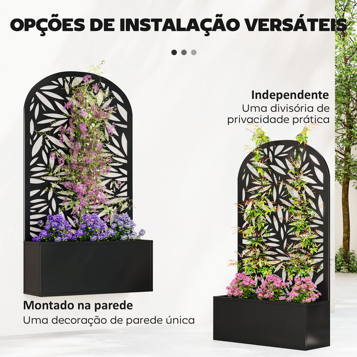 Floreira Exterior Grande de Metal Floreira com Painel Decorativo Curvo de Folhas Floreira de Parede ou Independente para Plantas Trepadeiras Jardim 61x23x113 cm, Preto