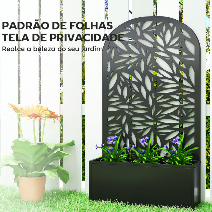 Floreira Exterior Grande de Metal Floreira com Painel Decorativo Curvo de Folhas Floreira de Parede ou Independente para Plantas Trepadeiras Jardim 61x23x113 cm, Preto