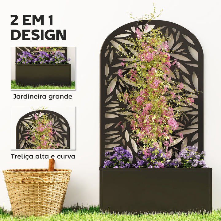 Floreira Exterior Grande de Metal Floreira com Painel Decorativo Curvo de Folhas Floreira de Parede ou Independente para Plantas Trepadeiras Jardim 61x23x113 cm, Preto