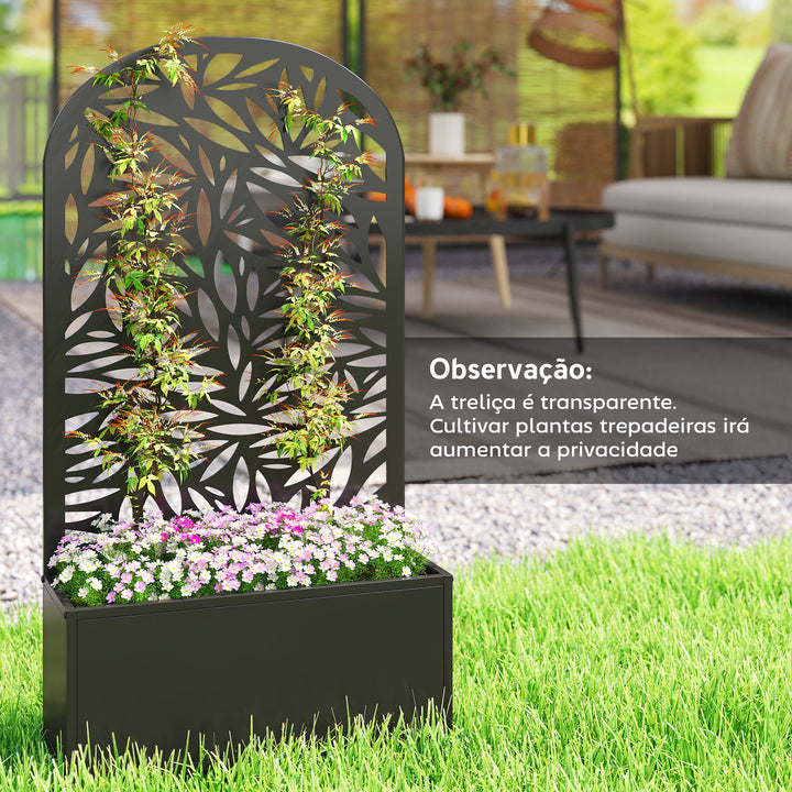 Floreira Exterior Grande de Metal Floreira com Painel Decorativo Curvo de Folhas Floreira de Parede ou Independente para Plantas Trepadeiras Jardim 61x23x113 cm, Preto