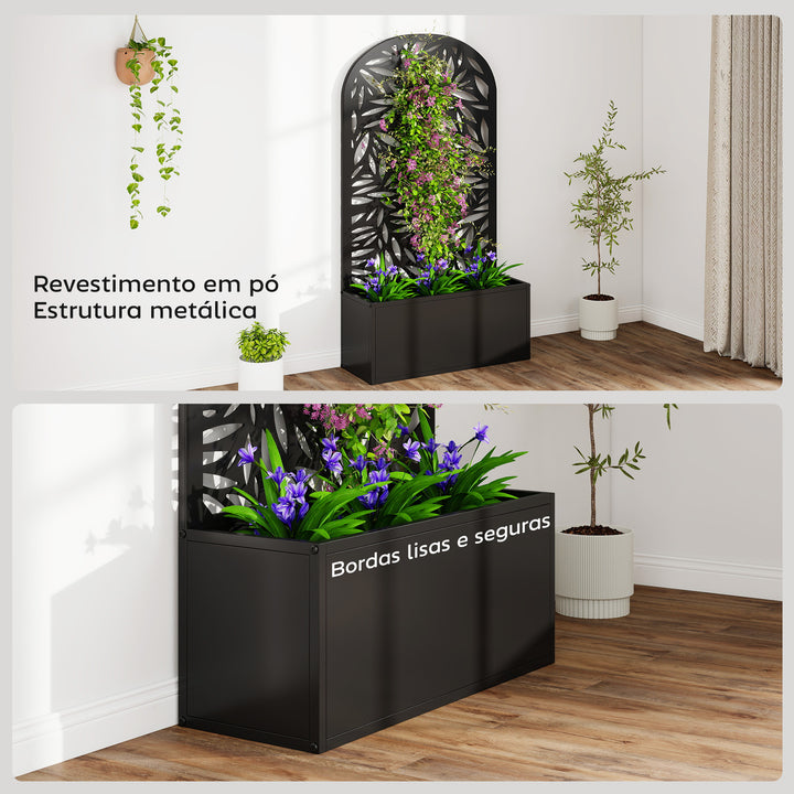 Floreira Exterior Grande de Metal Floreira com Painel Decorativo Curvo de Folhas Floreira de Parede ou Independente para Plantas Trepadeiras Jardim 61x23x113 cm, Preto