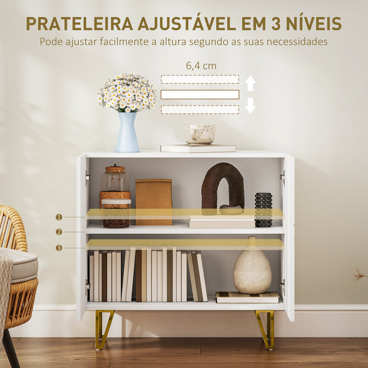 Aparador para Sala Aparador de Entrada com 2 Portas e Prateleiras Ajustáveis Armário de Armazenamento para Cozinha Sala 80x40x75 cm Branco Brilhante