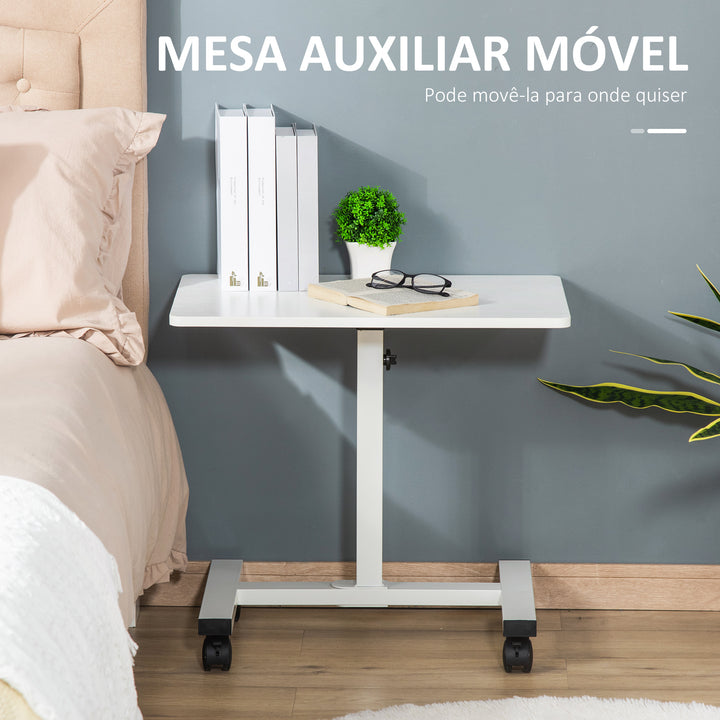 Mesa Auxiliar com Rodas Mesa Lateral para Sofá ou Cama com Altura Ajustável Estrutura de Metal e Freios para Dormitório Sala de Estar 60x40x52,5-84cm Branco