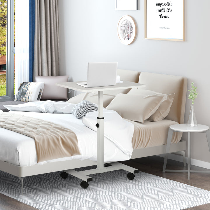 Mesa Auxiliar com Rodas Mesa Lateral para Sofá ou Cama com Altura Ajustável Estrutura de Metal e Freios para Dormitório Sala de Estar 60x40x52,5-84cm Branco