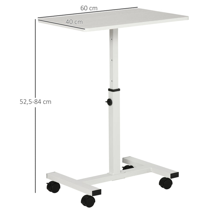 Mesa Auxiliar com Rodas Mesa Lateral para Sofá ou Cama com Altura Ajustável Estrutura de Metal e Freios para Dormitório Sala de Estar 60x40x52,5-84cm Branco