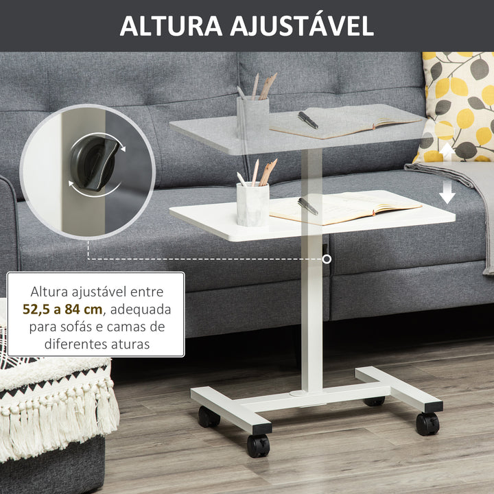 Mesa Auxiliar com Rodas Mesa Lateral para Sofá ou Cama com Altura Ajustável Estrutura de Metal e Freios para Dormitório Sala de Estar 60x40x52,5-84cm Branco