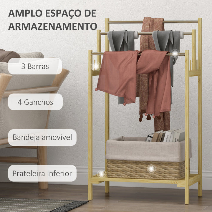 Toalheiro de Pé de Bambu Toalheiro Escada para Casa de Banho com 3 Barras de Aço Inoxidável Prateleira Aberta 4 Ganchos Estilo Moderno 50,5x31x90 cm Madeira