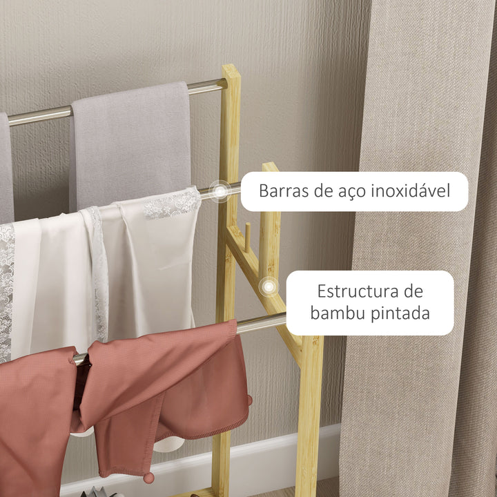 Toalheiro de Pé de Bambu Toalheiro Escada para Casa de Banho com 3 Barras de Aço Inoxidável Prateleira Aberta 4 Ganchos Estilo Moderno 50,5x31x90 cm Madeira