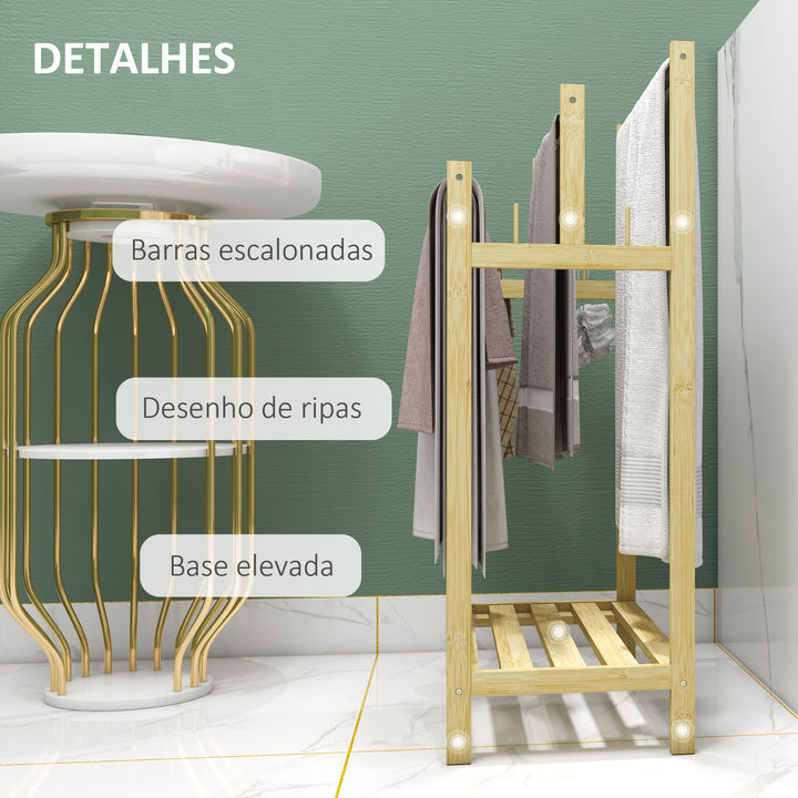 Toalheiro de Pé de Bambu Toalheiro Escada para Casa de Banho com 3 Barras de Aço Inoxidável Prateleira Aberta 4 Ganchos Estilo Moderno 50,5x31x90 cm Madeira