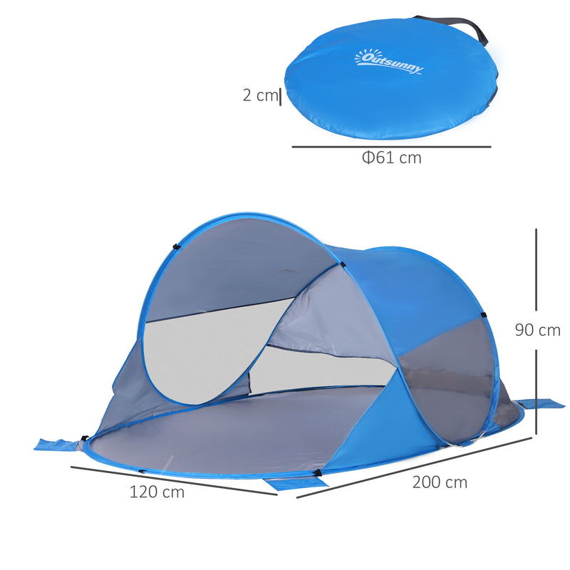 Tenda de Praia Dobrável Pop-Up para 1-2 Pessoas com 1 Porta 2 Janelas e Bolsa de Transporte para Parque Campismo 200x120x90 cm Azul