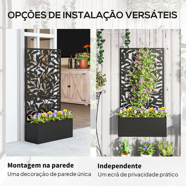 Floreira Exterior Grande de Metal com Painel de Privacidade de Folhas Sólidas Decorativas Floreira de Parede ou Independente para Jardim Terraço 61x23x113 cm Preto
