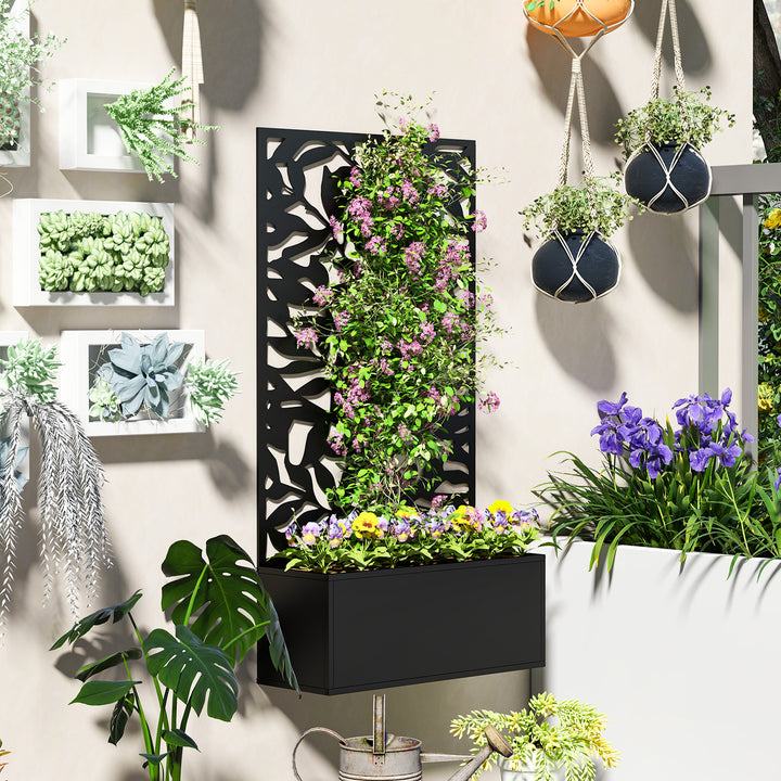 Floreira Exterior Grande de Metal com Painel de Privacidade de Folhas Sólidas Decorativas Floreira de Parede ou Independente para Jardim Terraço 61x23x113 cm Preto