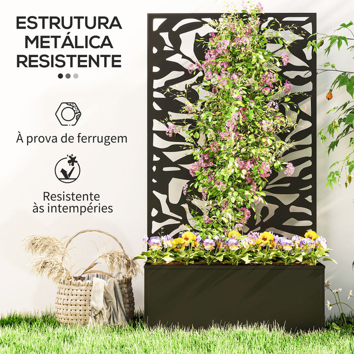 Floreira Exterior Grande de Metal com Painel de Privacidade de Folhas Sólidas Decorativas Floreira de Parede ou Independente para Jardim Terraço 61x23x113 cm Preto