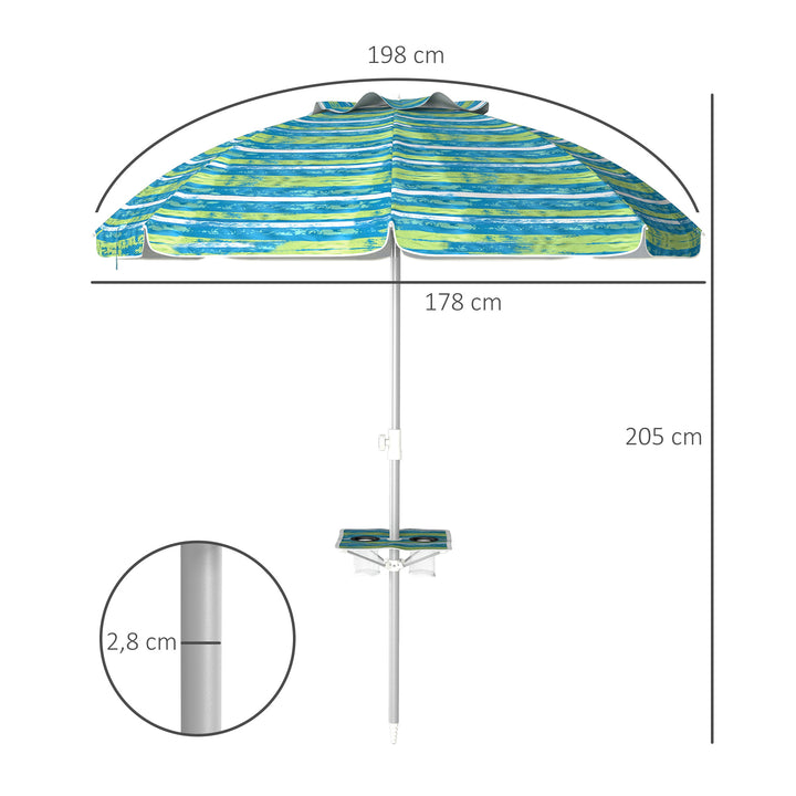 Chapéu de Sol de Praia Ø190x215 cm Chapéu de Sol para Terraço com Inclinação de 45° e Altura Ajustável Mesa com Porta-Copos Anti-UV Impermeável e Bolsa de Transporte para Jardim Multicolor