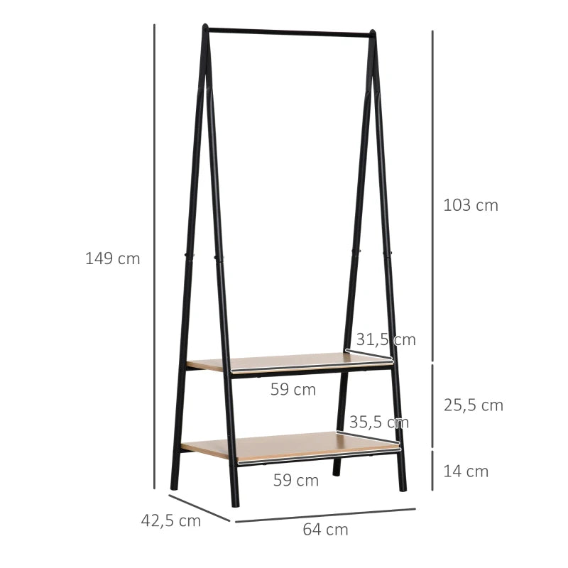 Suporte para Cabides com 2 Prateleiras de Armazenamento Barra para Pendurar e Estrutura de Aço para Entrada Corredor Dormitório 64x42,5x149 cm Preto