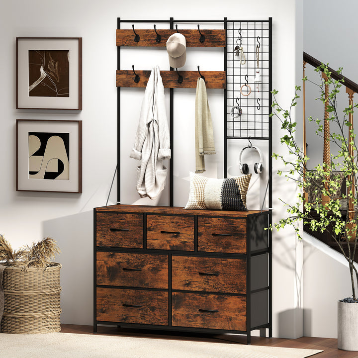 Suporte para Cabides Entrada Móvel de Arrumação com Sapateira 14 Ganchos 7 Gavetas de Tecido e Prateleira Estilo Industrial para Corredor Quarto Sala 100x30x183 cm Castanho Rústico