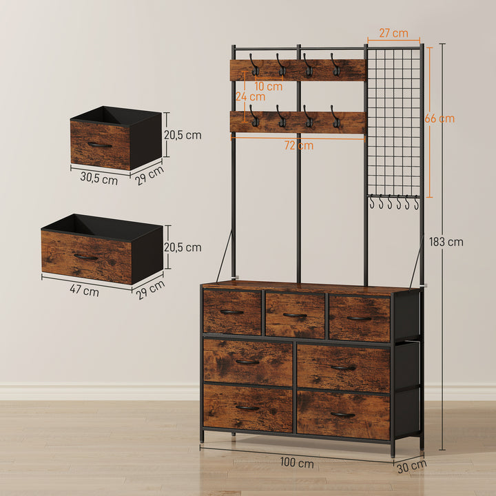 Suporte para Cabides Entrada Móvel de Arrumação com Sapateira 14 Ganchos 7 Gavetas de Tecido e Prateleira Estilo Industrial para Corredor Quarto Sala 100x30x183 cm Castanho Rústico