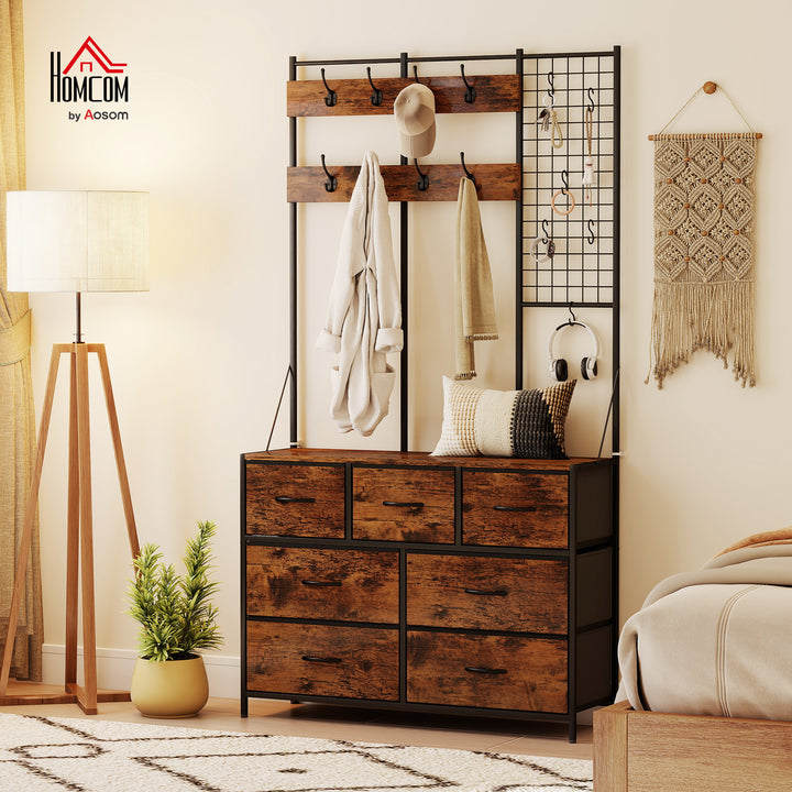 Suporte para Cabides Entrada Móvel de Arrumação com Sapateira 14 Ganchos 7 Gavetas de Tecido e Prateleira Estilo Industrial para Corredor Quarto Sala 100x30x183 cm Castanho Rústico
