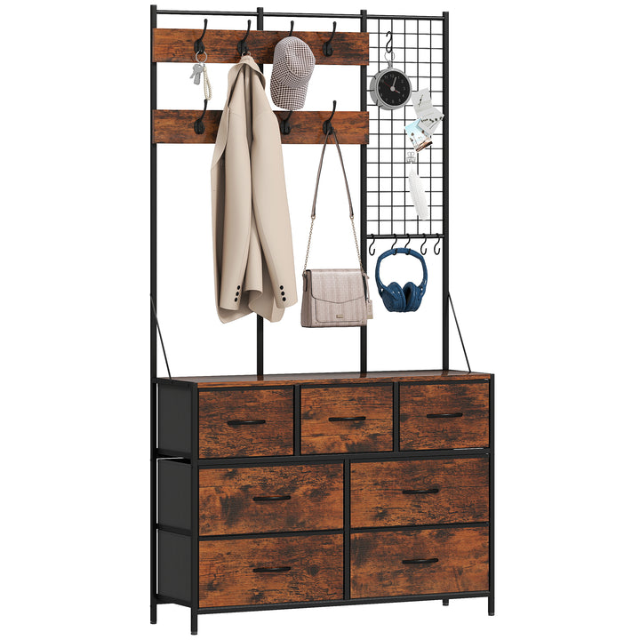 Suporte para Cabides Entrada Móvel de Arrumação com Sapateira 14 Ganchos 7 Gavetas de Tecido e Prateleira Estilo Industrial para Corredor Quarto Sala 100x30x183 cm Castanho Rústico