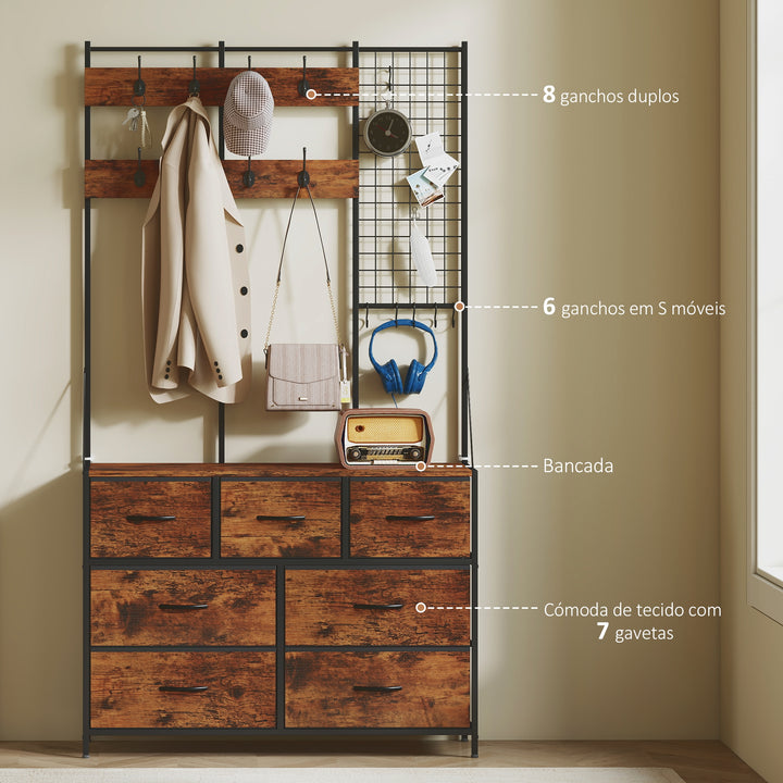 Suporte para Cabides Entrada Móvel de Arrumação com Sapateira 14 Ganchos 7 Gavetas de Tecido e Prateleira Estilo Industrial para Corredor Quarto Sala 100x30x183 cm Castanho Rústico