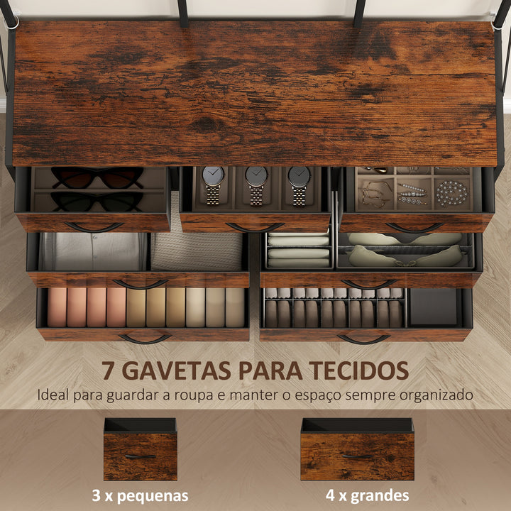 Suporte para Cabides Entrada Móvel de Arrumação com Sapateira 14 Ganchos 7 Gavetas de Tecido e Prateleira Estilo Industrial para Corredor Quarto Sala 100x30x183 cm Castanho Rústico