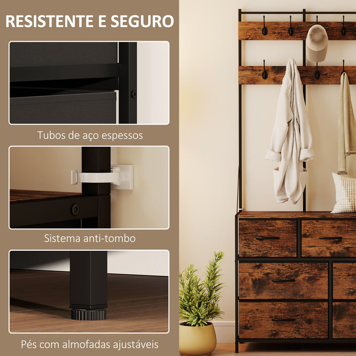 Suporte para Cabides Entrada Móvel de Arrumação com Sapateira 14 Ganchos 7 Gavetas de Tecido e Prateleira Estilo Industrial para Corredor Quarto Sala 100x30x183 cm Castanho Rústico