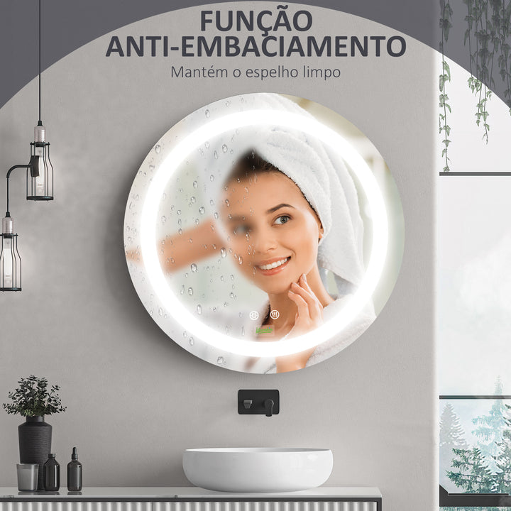 Espelho Casa de Banho com Luz LED Ø50x4,6cm Espelho Redondo de Parede com Interruptor Tátil 3 Luzes Ajustáveis Função de Memória e Anti-Embaciamento Estrutura de Alumínio Prata