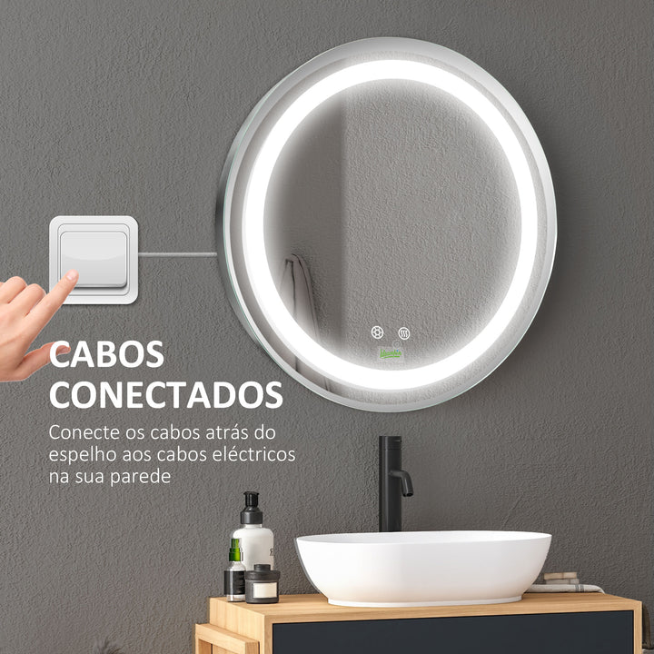 Espelho Casa de Banho com Luz LED Ø50x4,6cm Espelho Redondo de Parede com Interruptor Tátil 3 Luzes Ajustáveis Função de Memória e Anti-Embaciamento Estrutura de Alumínio Prata