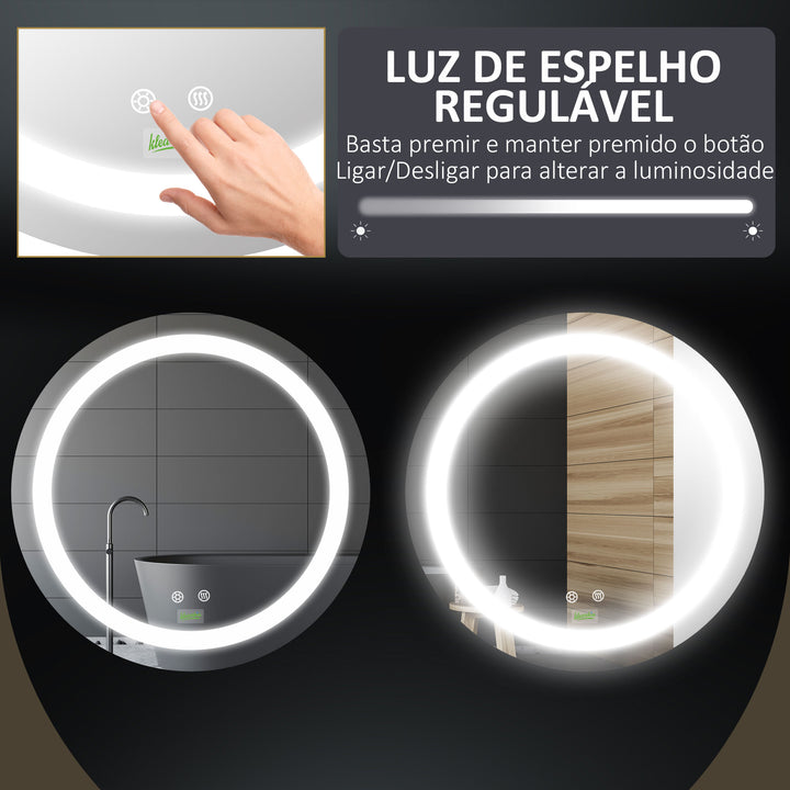 Espelho Casa de Banho com Luz LED Ø50x4,6cm Espelho Redondo de Parede com Interruptor Tátil 3 Luzes Ajustáveis Função de Memória e Anti-Embaciamento Estrutura de Alumínio Prata