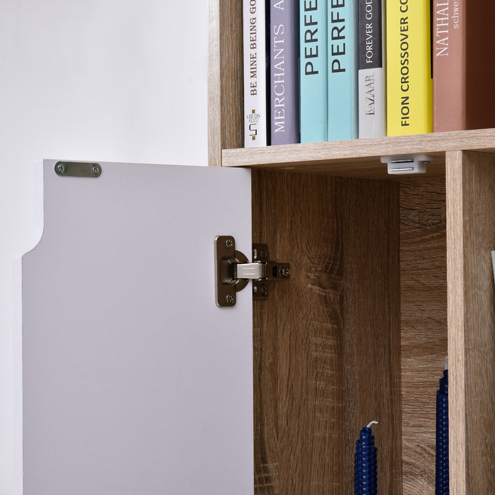 Móvel Aparador Alto Armário Auxiliar de Sala de Estar com 5 Compartimentos e 1 Porta Multiuso para Sala de Jantar Cozinha Dormitório 60x30x121cm Carvalho e Branco