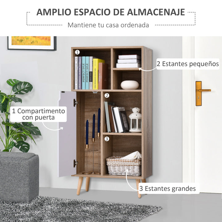 Móvel Aparador Alto Armário Auxiliar de Sala de Estar com 5 Compartimentos e 1 Porta Multiuso para Sala de Jantar Cozinha Dormitório 60x30x121cm Carvalho e Branco