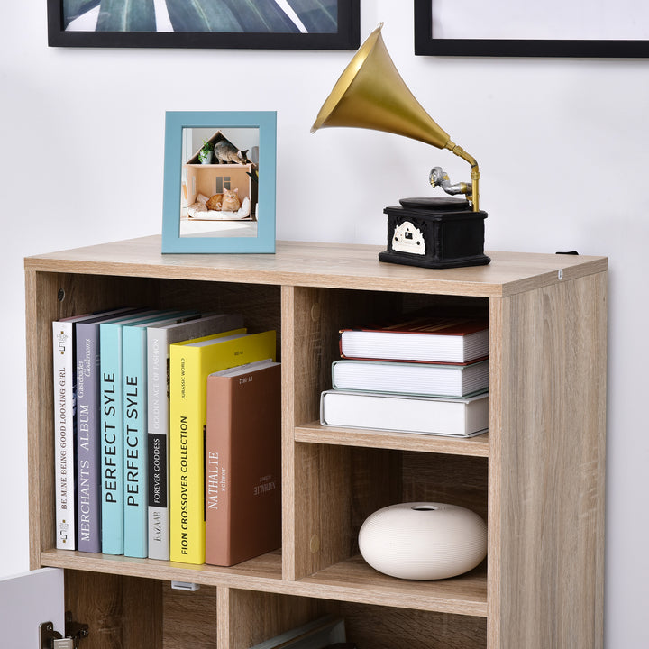 Móvel Aparador Alto Armário Auxiliar de Sala de Estar com 5 Compartimentos e 1 Porta Multiuso para Sala de Jantar Cozinha Dormitório 60x30x121cm Carvalho e Branco