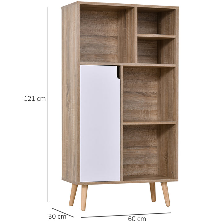 Móvel Aparador Alto Armário Auxiliar de Sala de Estar com 5 Compartimentos e 1 Porta Multiuso para Sala de Jantar Cozinha Dormitório 60x30x121cm Carvalho e Branco