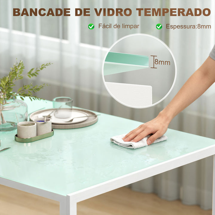 Mesa de Refeição de Vidro Mesa Retangular para 6 Pessoas com Pés de Metal Multifuncional para Cozinha ou Sala 140x80x75 cm Branco