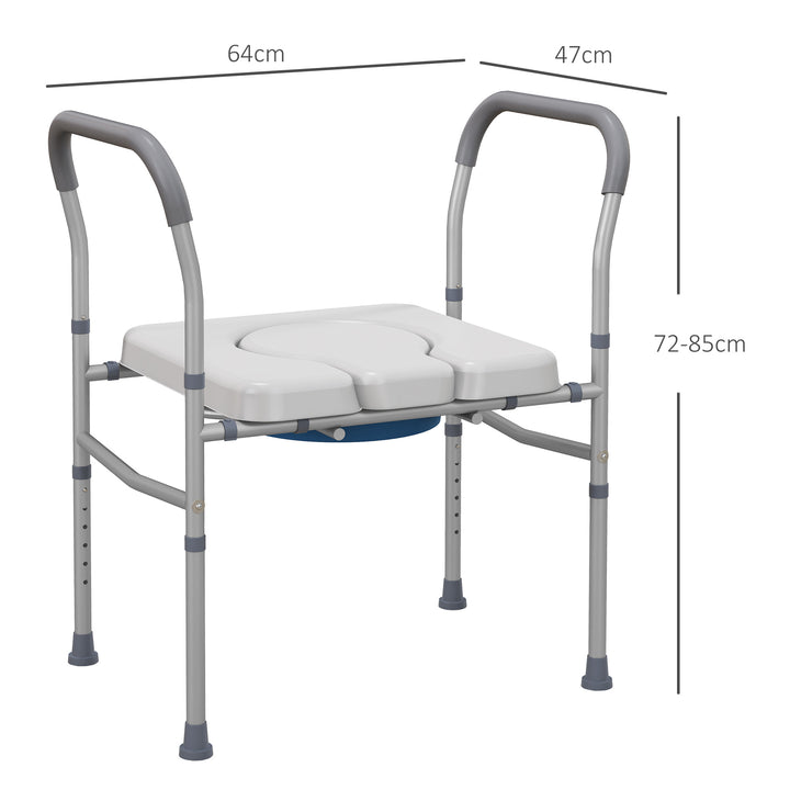 Cadeira Higiénica 4 em 1 Cadeira com Sanita de Alumínio Cadeira de Duche com Altura Ajustável e Almofadas Antiderrapantes Carga 136 kg para Pessoas com Deficiência Grávidas 64x53x70-82 cm Cinza
