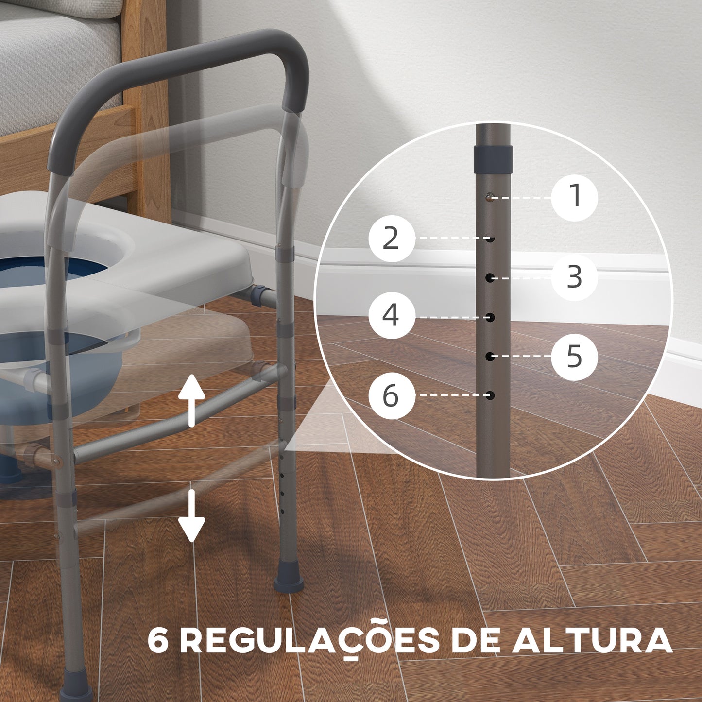 Cadeira Higiénica 4 em 1 Cadeira com Sanita de Alumínio Cadeira de Duche com Altura Ajustável e Almofadas Antiderrapantes Carga 136 kg para Pessoas com Deficiência Grávidas 64x53x70-82 cm Cinza