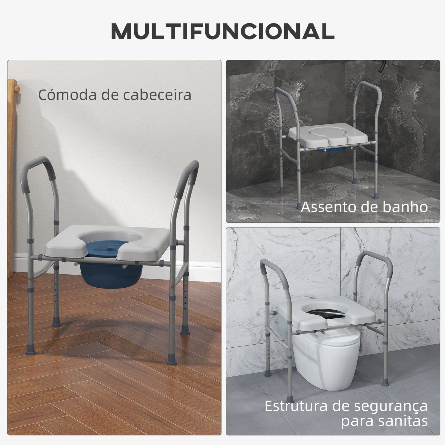 Cadeira Higiénica 4 em 1 Cadeira com Sanita de Alumínio Cadeira de Duche com Altura Ajustável e Almofadas Antiderrapantes Carga 136 kg para Pessoas com Deficiência Grávidas 64x53x70-82 cm Cinza