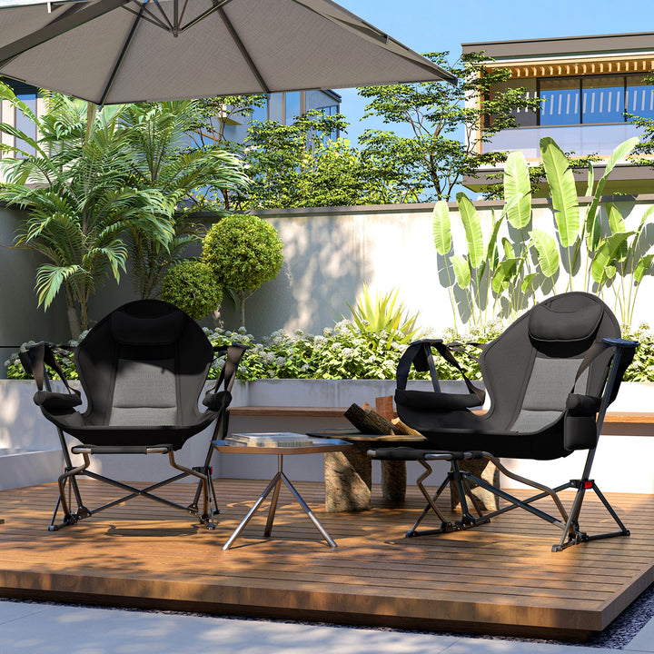 Conjunto de 2 Cadeiras Baloiço de Exterior com Apoio para os Pés Cadeira de Campismo Dobrável com Suporte para Copos e Bolsa de Transporte Carga 120 kg para Praia Campismo Pesca Preto