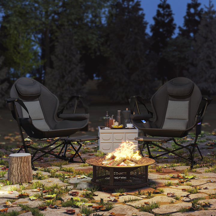 Conjunto de 2 Cadeiras Baloiço de Exterior com Apoio para os Pés Cadeira de Campismo Dobrável com Suporte para Copos e Bolsa de Transporte Carga 120 kg para Praia Campismo Pesca Preto