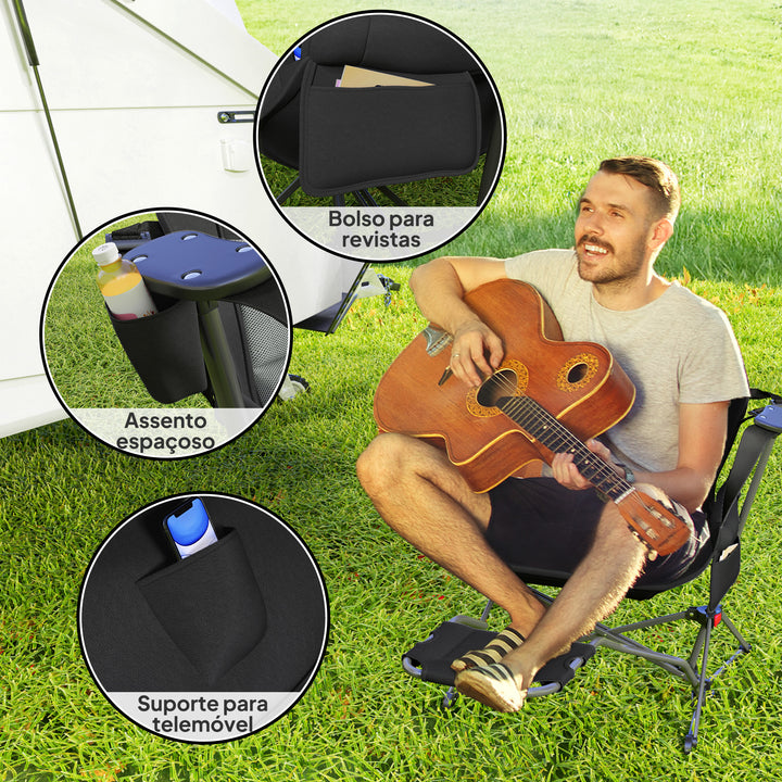 Conjunto de 2 Cadeiras Baloiço de Exterior com Apoio para os Pés Cadeira de Campismo Dobrável com Suporte para Copos e Bolsa de Transporte Carga 120 kg para Praia Campismo Pesca Preto