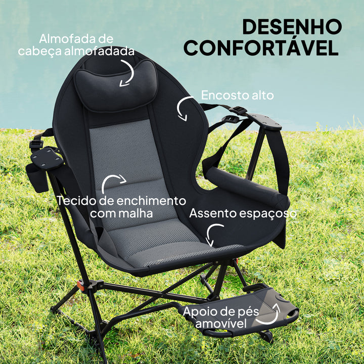 Conjunto de 2 Cadeiras Baloiço de Exterior com Apoio para os Pés Cadeira de Campismo Dobrável com Suporte para Copos e Bolsa de Transporte Carga 120 kg para Praia Campismo Pesca Preto