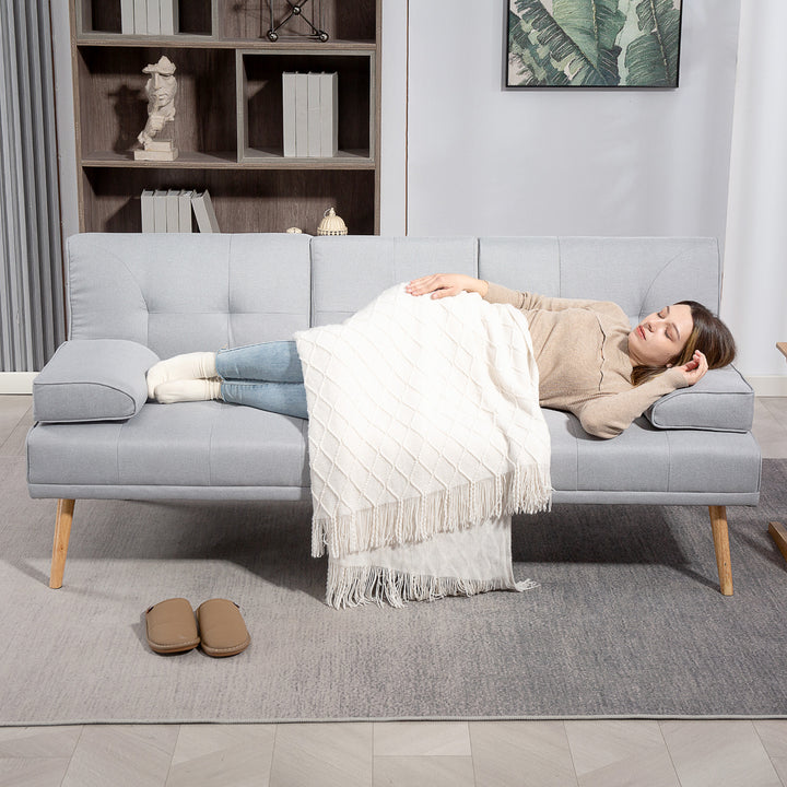 Sofá Cama 3 Lugares Sofá Cama Dobrável com Encosto Ajustável de 3 Níveis Apoio para os Braços Desmontável e 2 Suportes para Copos 181x77x78 cm Cinza Claro