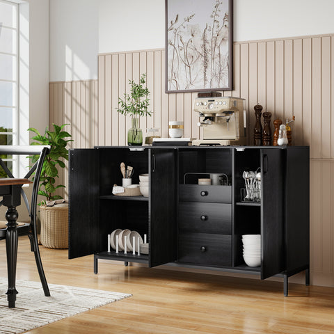 Aparador com 3 Portas e 3 Gavetas Prateleiras Ajustáveis para Cozinha Entrada Sala de Jantar Quarto 143,5x40x90 cm Preto